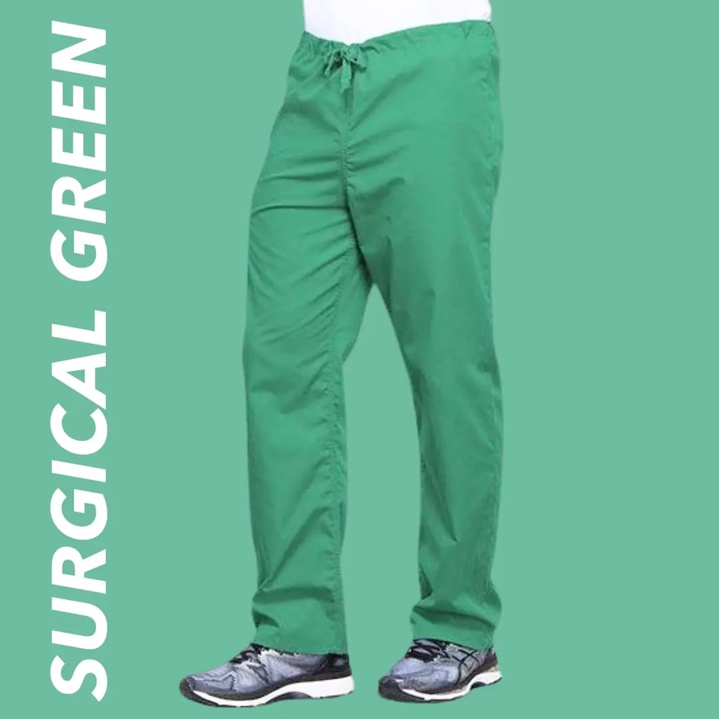 A male member of a surgical team wearing Surgical Green scrubs on a light green background with text to the left stating "Surgical Green".