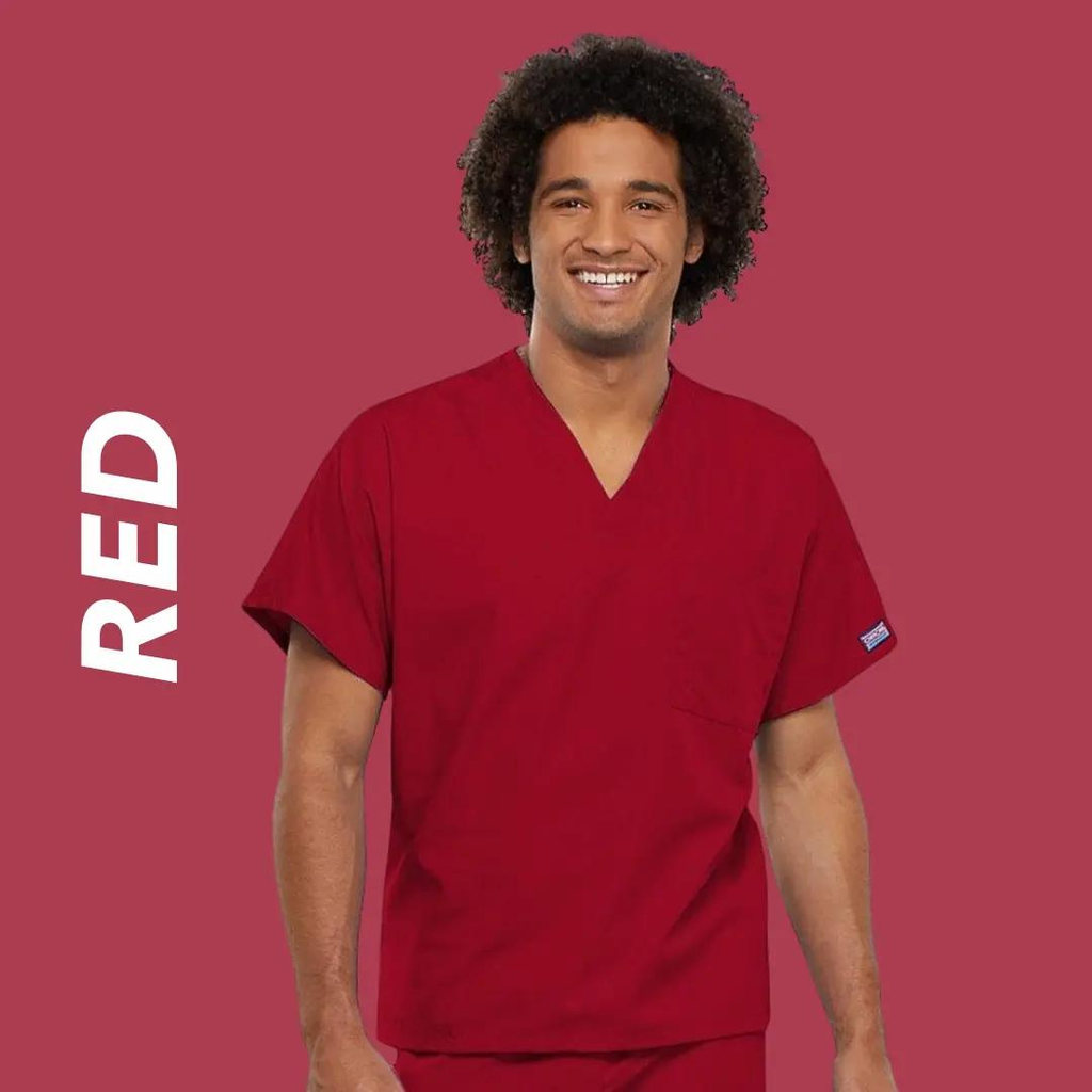 A young male Cardiovascular Nurse wearing red scrubs on a light red background featuring text to the left stating "Red".