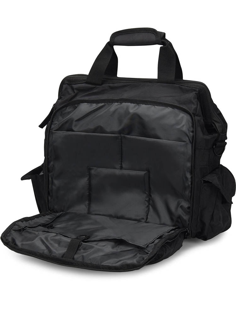 A picture of the Ultimate Medical Bag from NurseMates in "Black" featuring a padded laptop compartment.