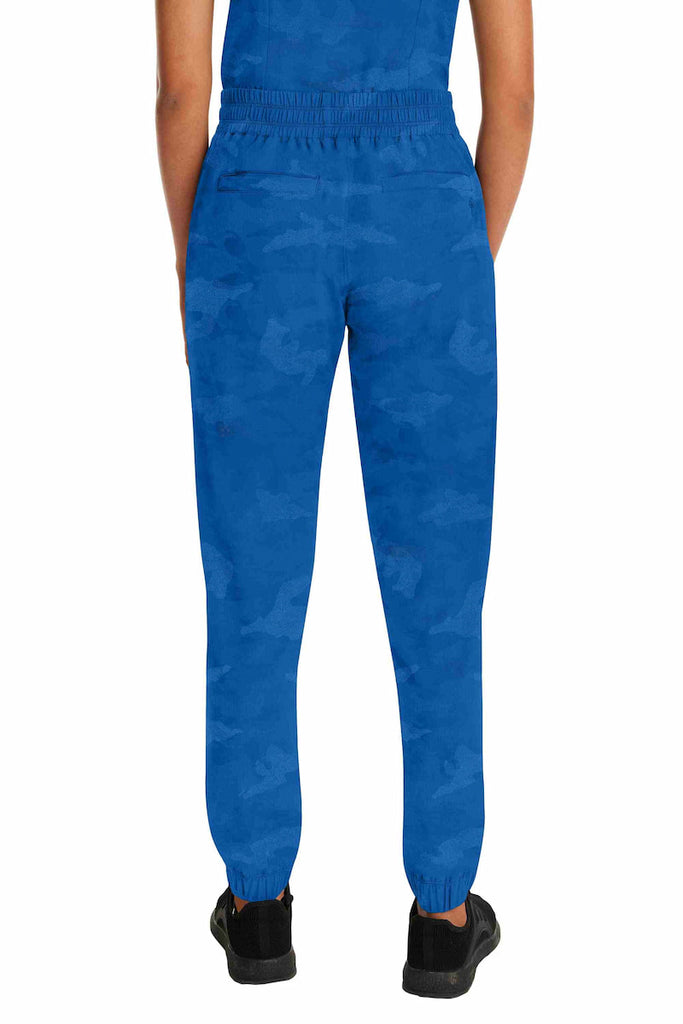 The back of the Purple Label Women's Tate Camo Scrub Jogger in Royal Blue featuring a regular inseam of 29" and a petite inseam of 27.5".