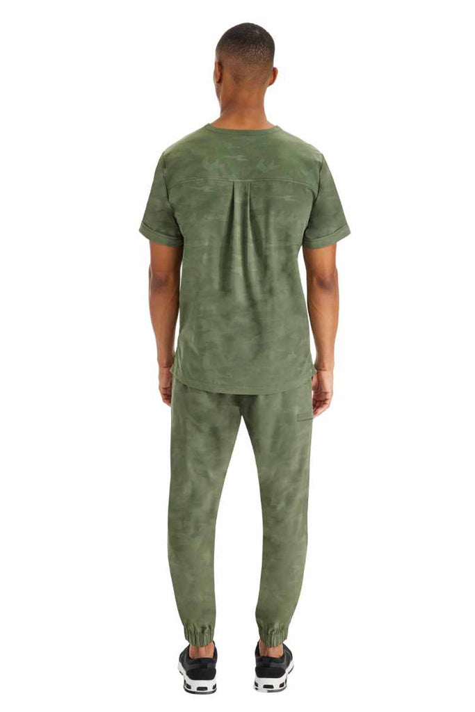 A shot of the back of the Purple Label by Healing Hands Men's Drew Camo Joggers in Olive size Medium featuring a keg opening of 10.5".