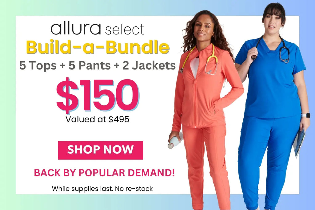 Two young nurses wearing scrub uniforms on a multicolored background. Also on the banner is text stating you can get Allura Medical Uniforms in a bundle by pairing 5 tops with 5 bottoms and 2 jackets for only $150.