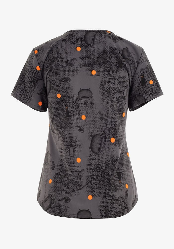 The back of the Tooniforms Women's V-Neck Printed Scrub Top in "Hocus Pocus" featuring a center back length 26".