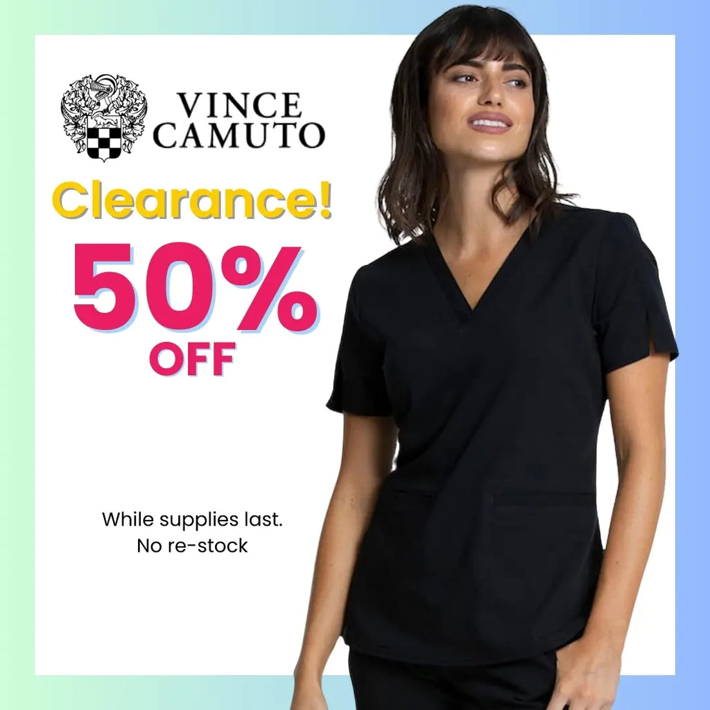 A young female Surgical Assistant wearing a black scrub uniform on a white background featuring text to the left that states Vince Camuto Medical Uniforms are 50% off at Scrub Pro Uniforms while supplies last.