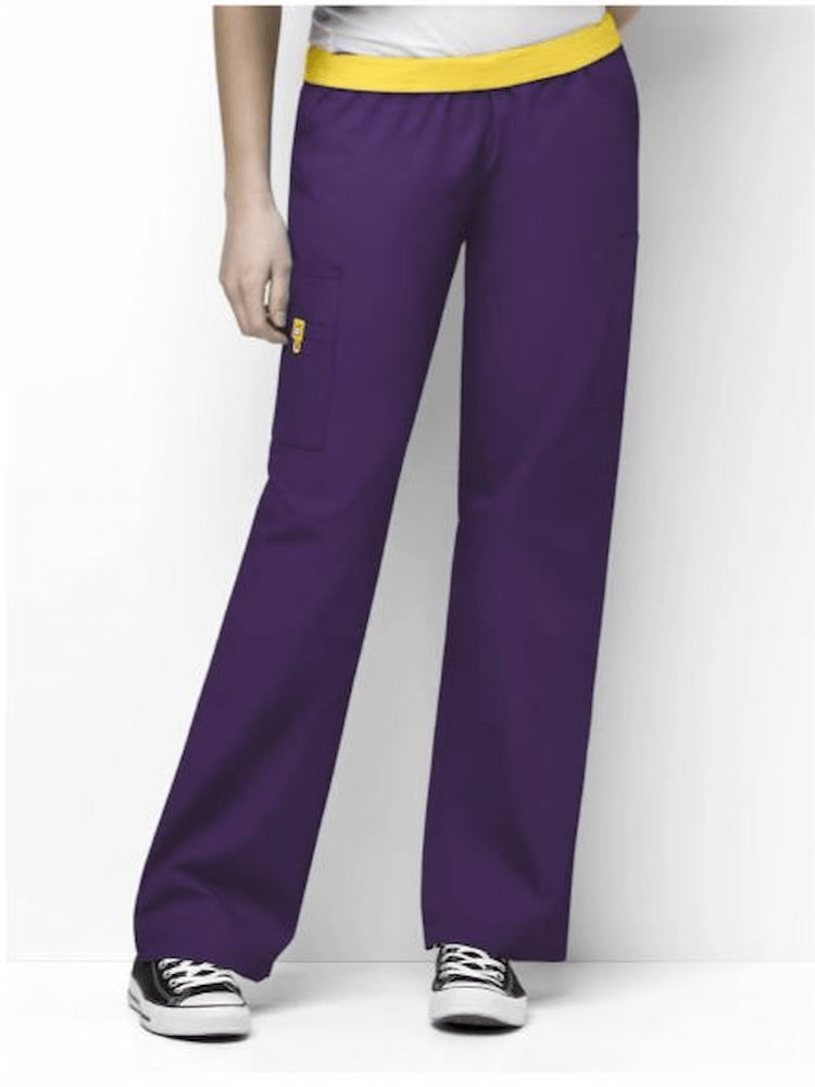A young female Pharmacist wearing a pair of WonderWink Women's Elastic Waist Quebec Scrub Pant in Eggplant size 2XL petite featuring a soft poly/cotton blend.