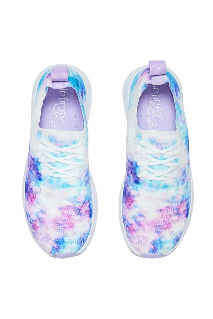 A top down look at the Infinity Women's Bolt Premium Athletic Nurse Shoes in Pastel Watercolor featuring removable, cushioned insoles.
