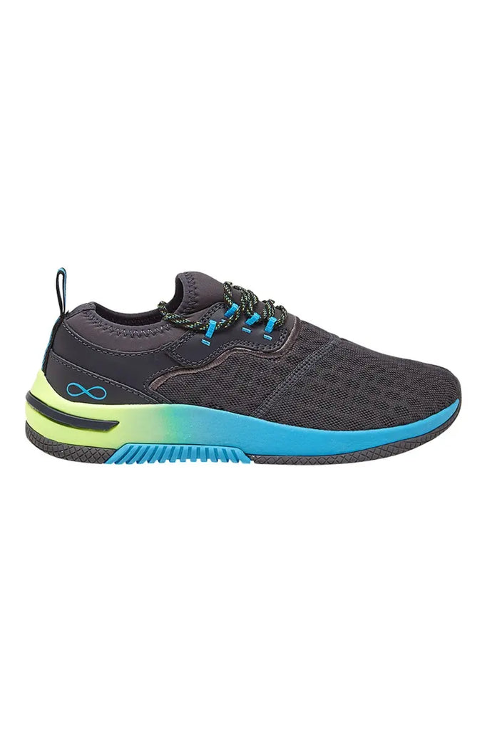 The outside of the Infinity Women's Dart Premium Athletic Nurse Shoes in neon Fade featuring the Infinity logo above the heel.