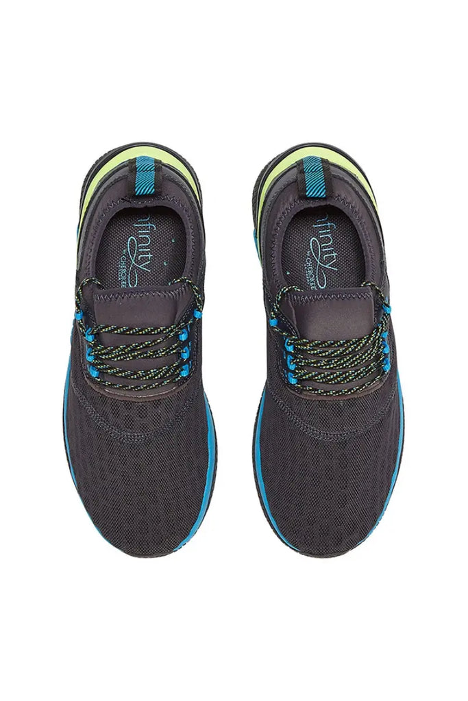 A top down look at the Infinity Women's Dart Premium Athletic Nursing Shoes in neon Fade featuring removable PU insoles for additional arch support and reduced stress on your legs and feet.