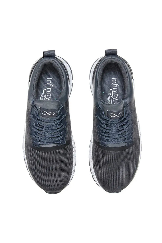 A top down look at the Infinity Women's Fly Athletic Nurse Shoes in Pewter Flecked featuring removable PU insoles that provide additional comfort and support.