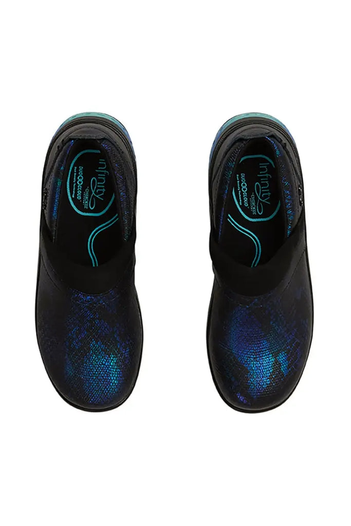 A top down look at the Infinity Women's Stride Nurse Clogs in Snake Charmer featuring a removable memory foam insole for added comfort and support. 