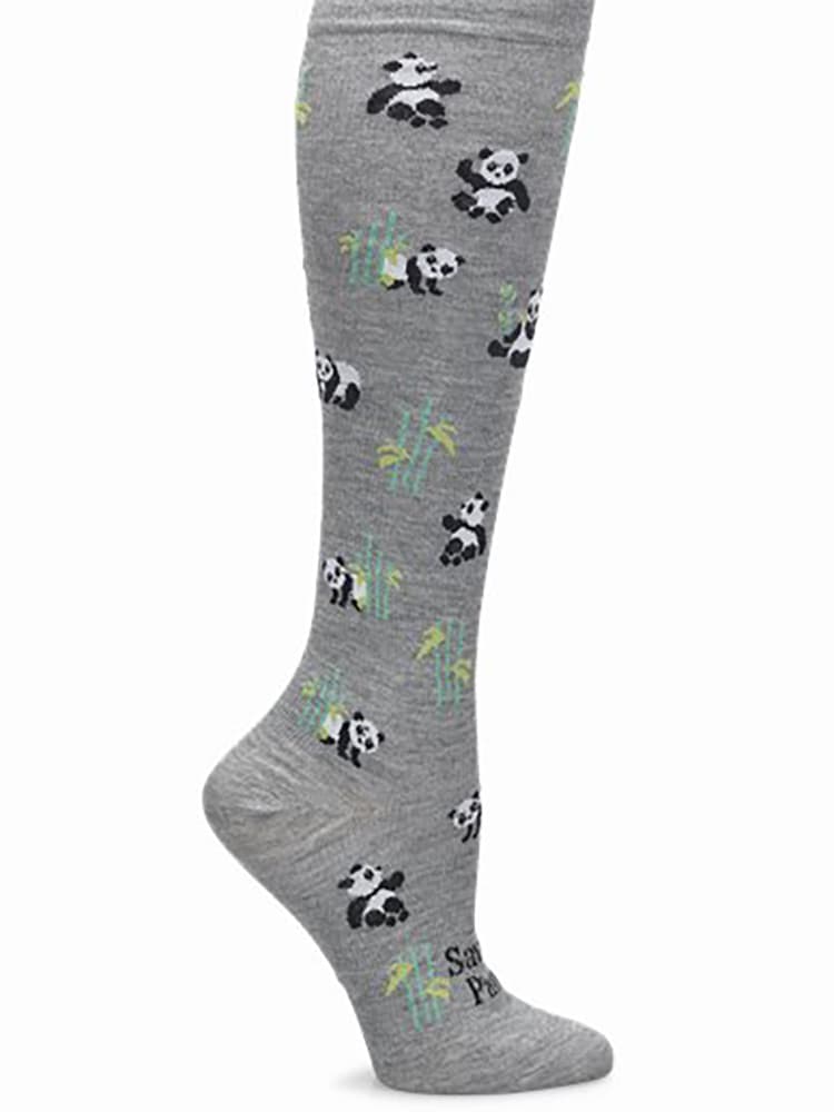 A pair of Women's Compression Socks from NurseMates in Pandas featuring 12-14 mmHg Graduated Compression to help improve circulation and relieve leg fatigue.