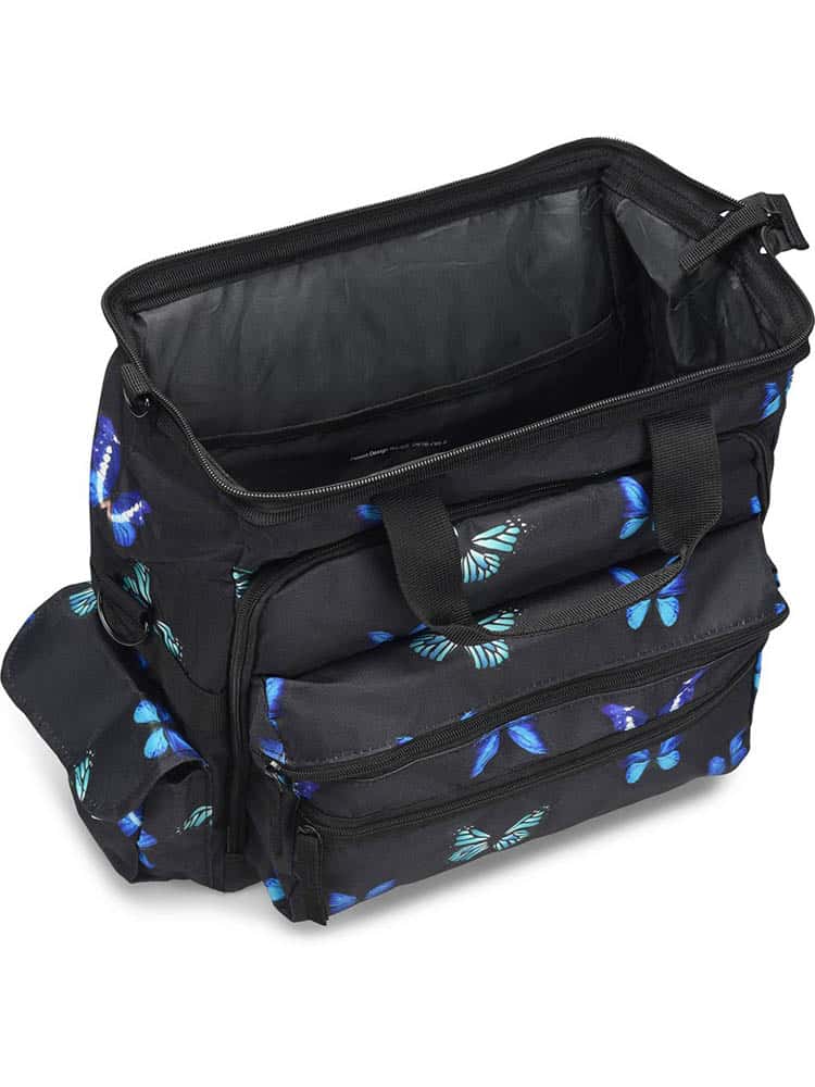 An image of the NurseMates Ultimate Medical Bag from the back in "Midnight Butterfly" featuring heavy duty zippers & multiple compartments for maximum storage room.