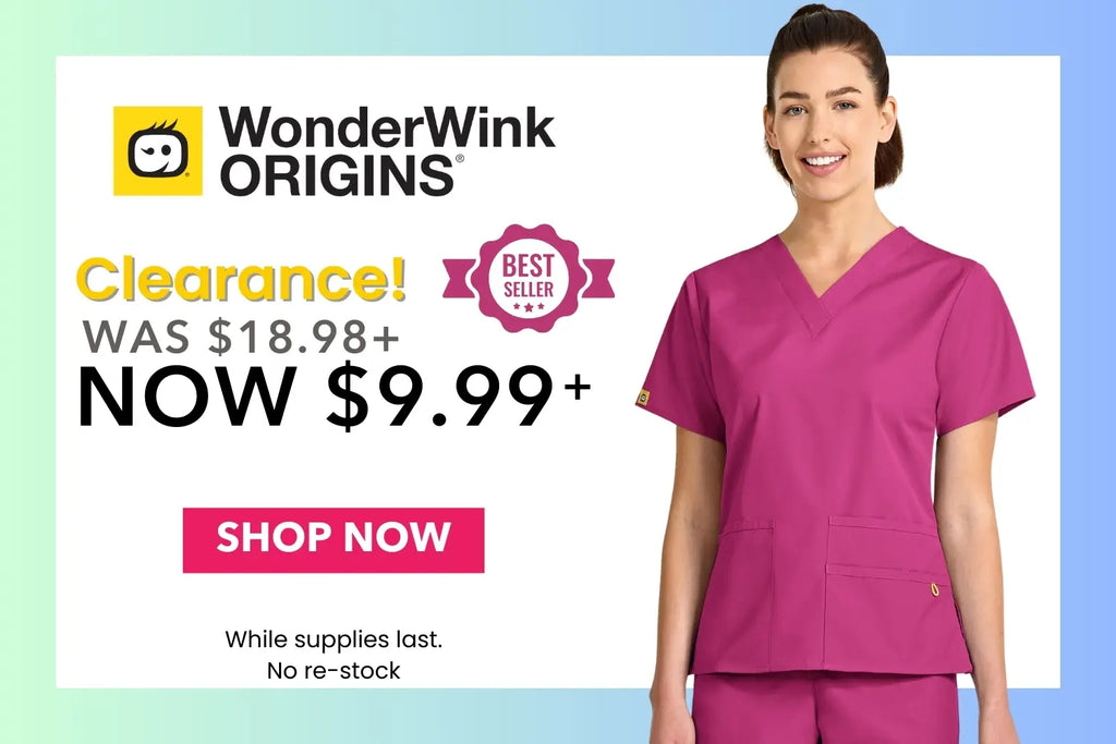 A young female Nurse wearing a pink scrub uniform on a white background with text to her left stating that WonderWink Origins is on sale for $9.99 while supplies last.