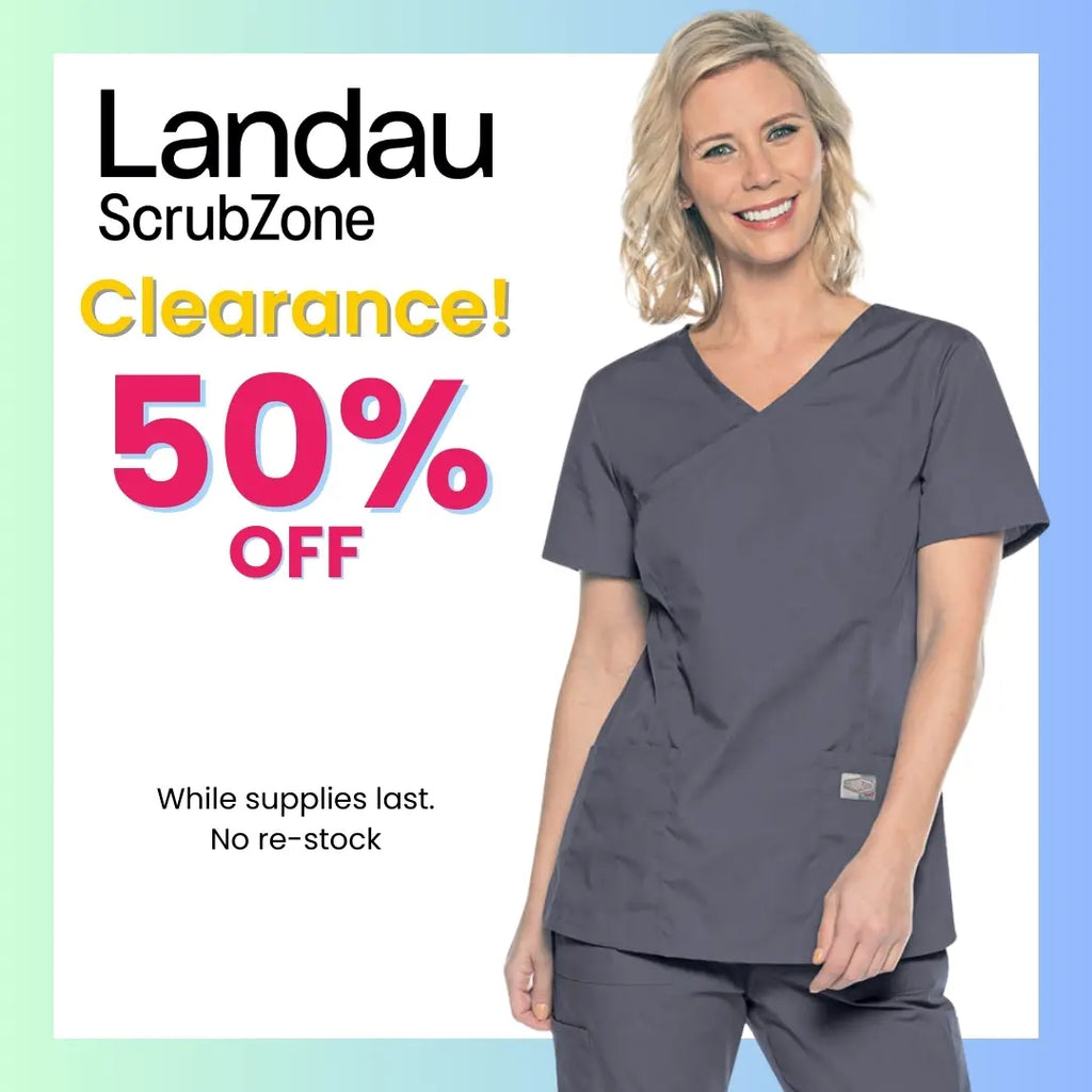 A young female Pharmacy tech wearing a Grey Scrub Uniform on a white background featuring text to the left that states Landau ScrubZone is 50% off while supplies last.