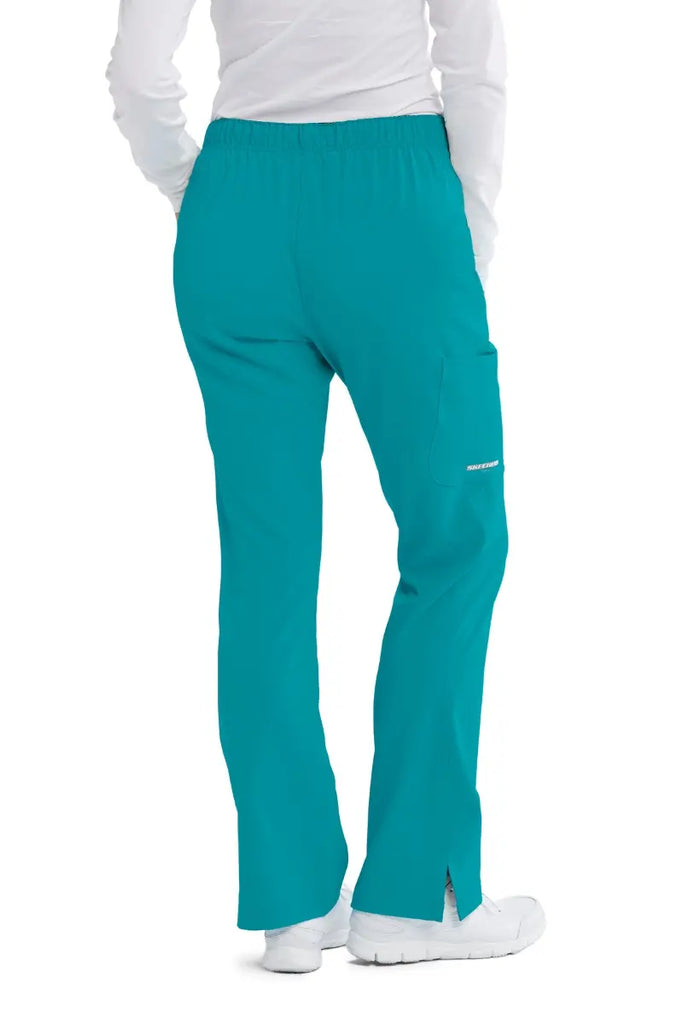 The back of the Skechers Women's Reliance Cargo Scrub Pants in Teal size Large featuring a back elastic waistband with an adjustable drawstring.