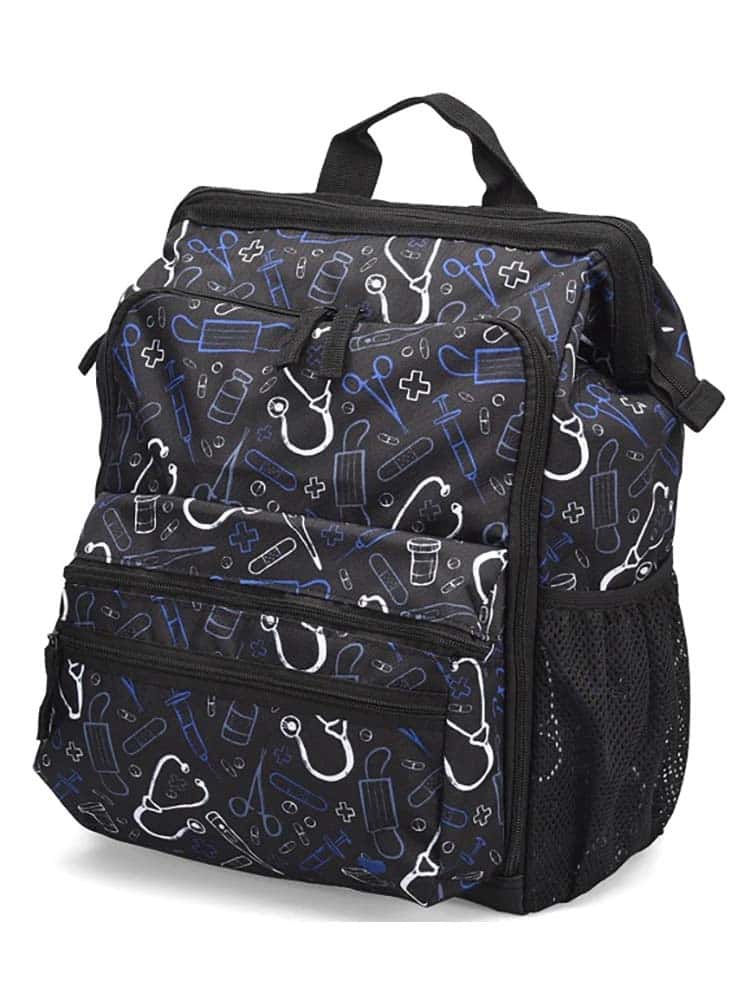 A Nursemates Ultimate Backpack in "Black Medical Symbols" featuring a top handle, padded backing & a 2-Way main zipper.