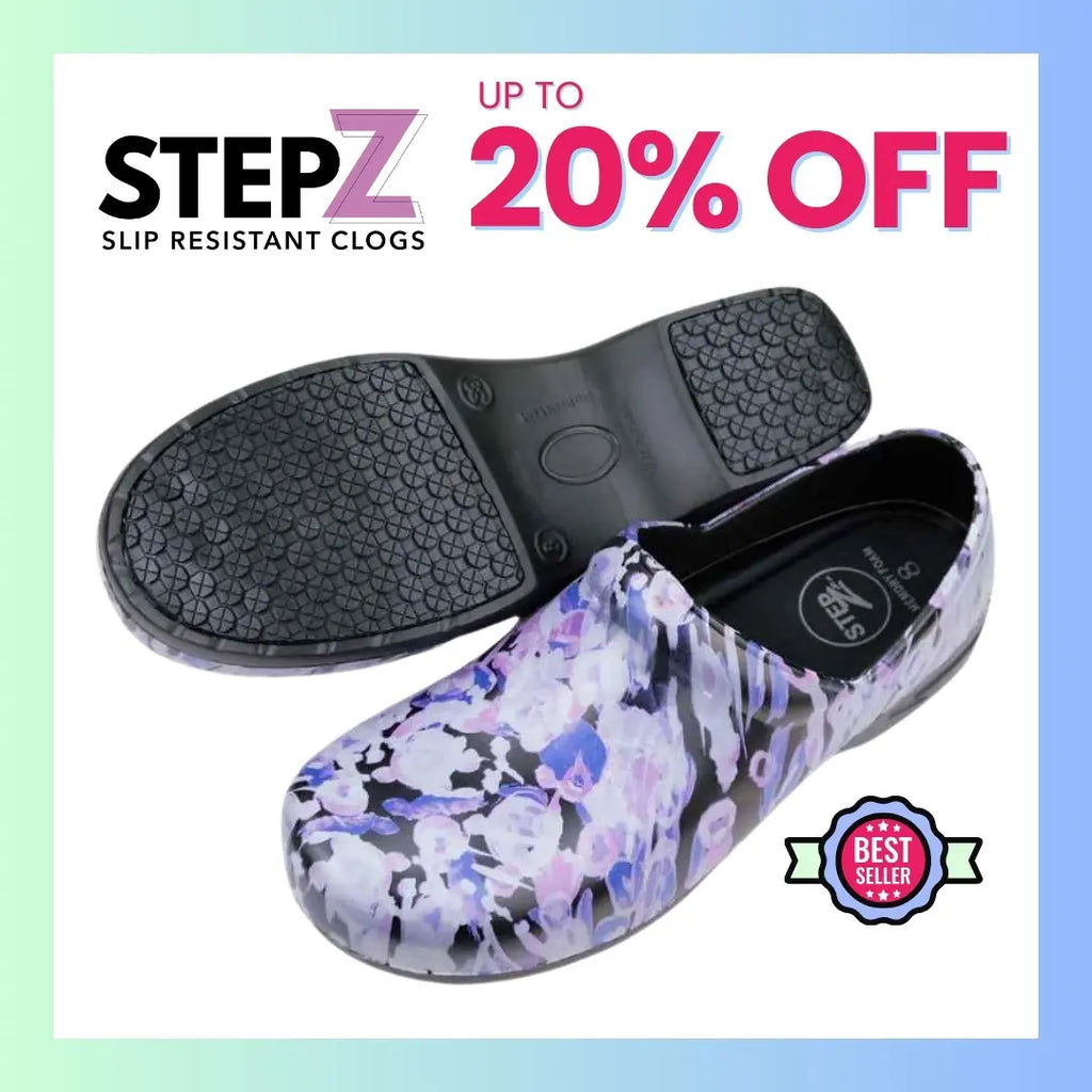 An image of a pair of StepZ Nursing Shoes on a white background with text to the left stating that StepZ Slip Resistant Nurse Clogs are up to 20% off from 5/1/24-5/15/24.