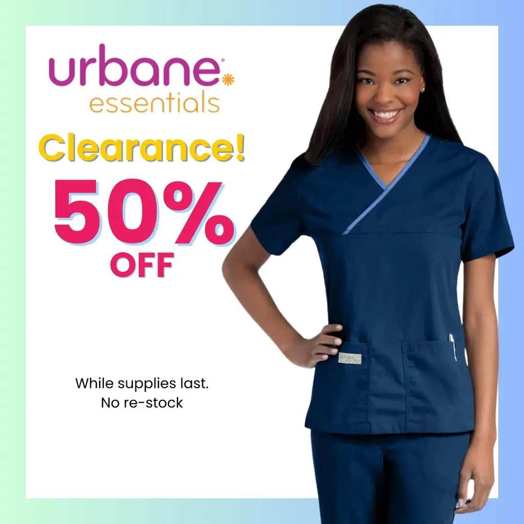 A young female Licensed Vocational Nurse wearing a Navy Blue Scrub Uniform on a white background featuring text to the left stating that Urbane Essentials is 50% off while supplies last at Scrub Pro. 