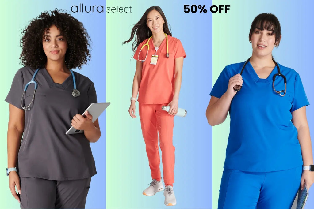 Allura select clearance scrubs for woman are 50% off at Scrub Pro Uniforms.