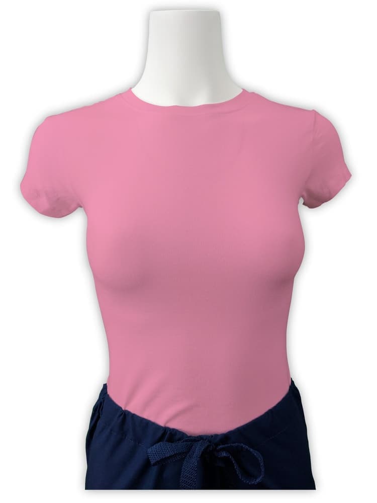 A Flexibilitee Women's Crew Neck Short Sleeve Tee in Baby Pink size XL featuring a junior fit, short sleeves and a ribbed v-neckline.