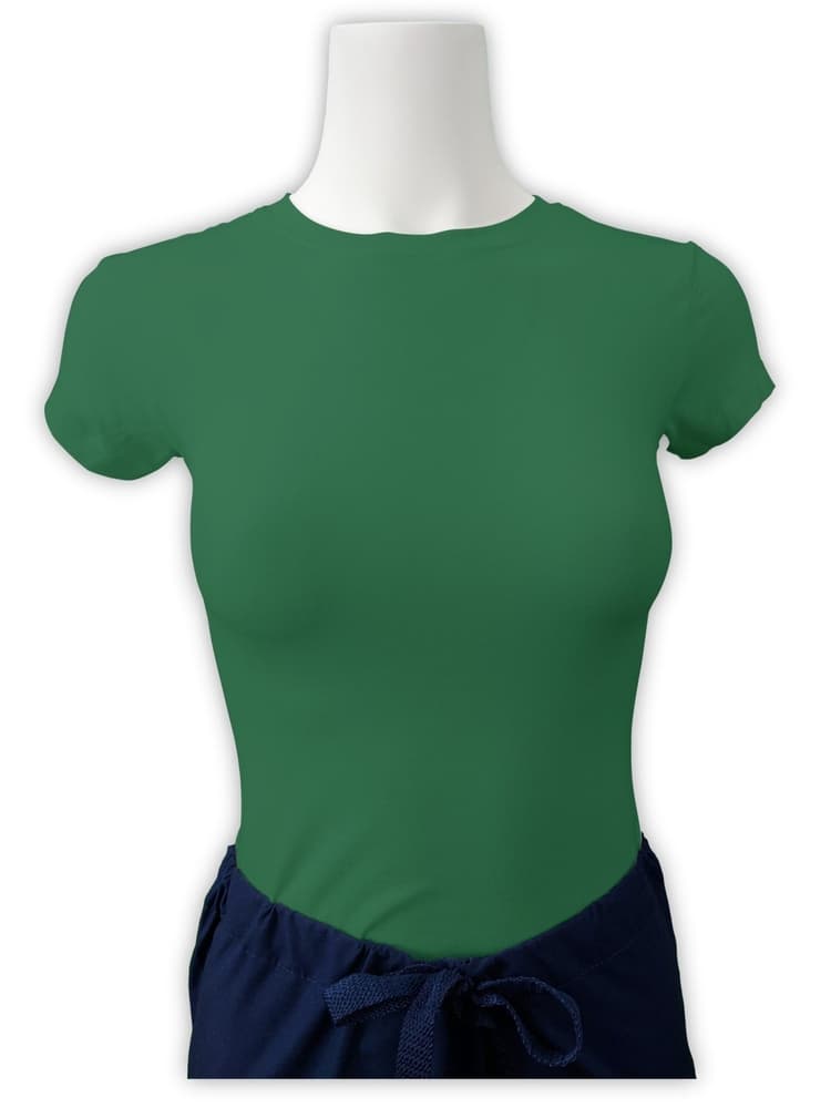 Mannequin wearing Flexibilitee women's Junior Cut Short Sleeve Crew Neck Tee in green size extra large