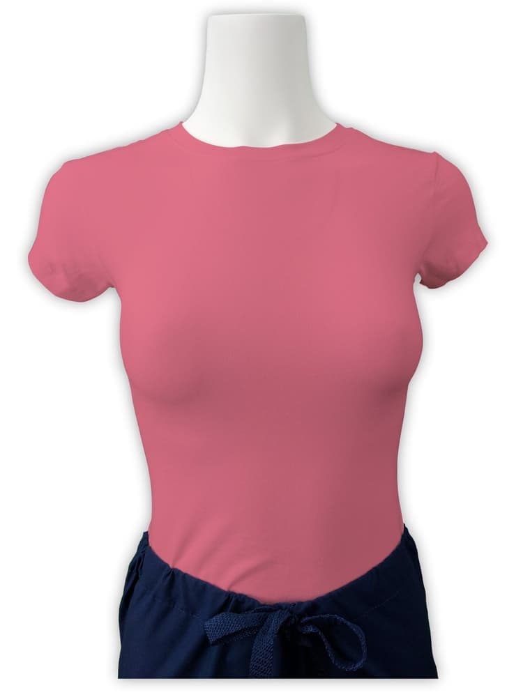 A Flexibilitee Women's Crew Neck Short Sleeve T-Shirt in Pink Lemonade size XS featuring a junior fit and short sleeves on a solid, white background.