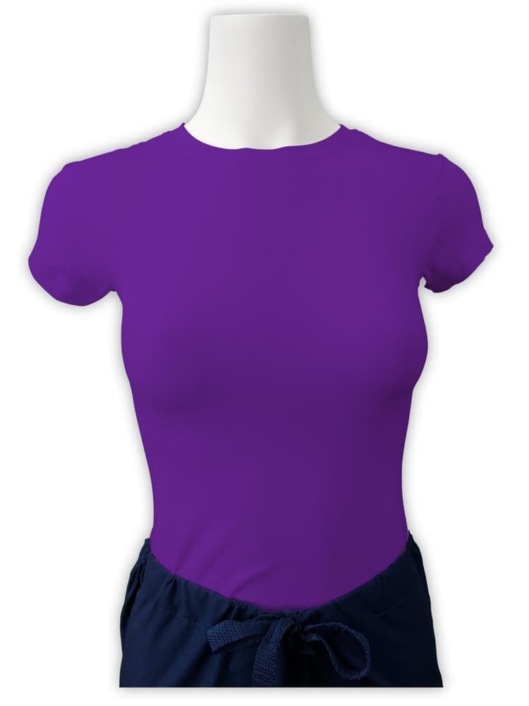 A Flexibilitee Women's Crew Neck Short Sleeve T-Shirt in Purple size Small featuring a unique Cotton/Spandex blended fabric.