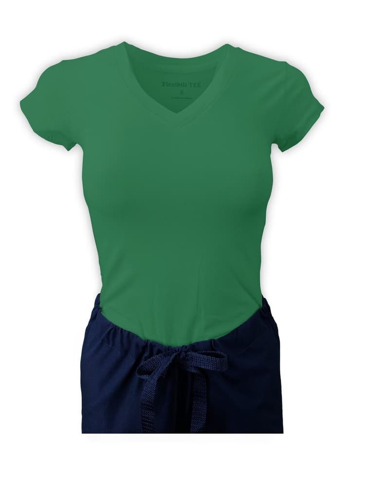 A Flexibilitee Women's V-Neck Short Sleeve T-Shirt f\in Green size Large featuring a ribbed v-neckline and shoulder to shoulder back neck tape.