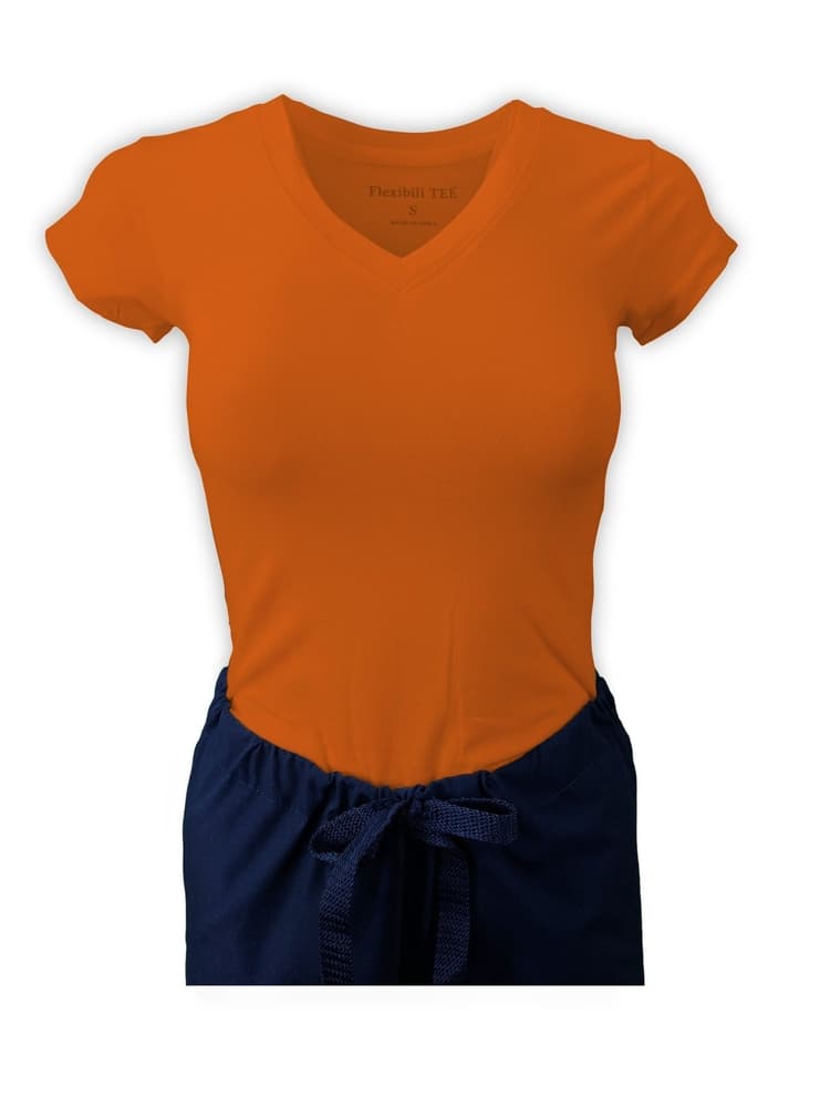 An Orange Flexibilitee Women's V-Neck Short Sleeve Scrub Top featuring a ribbed v-neckline and short sleeves.