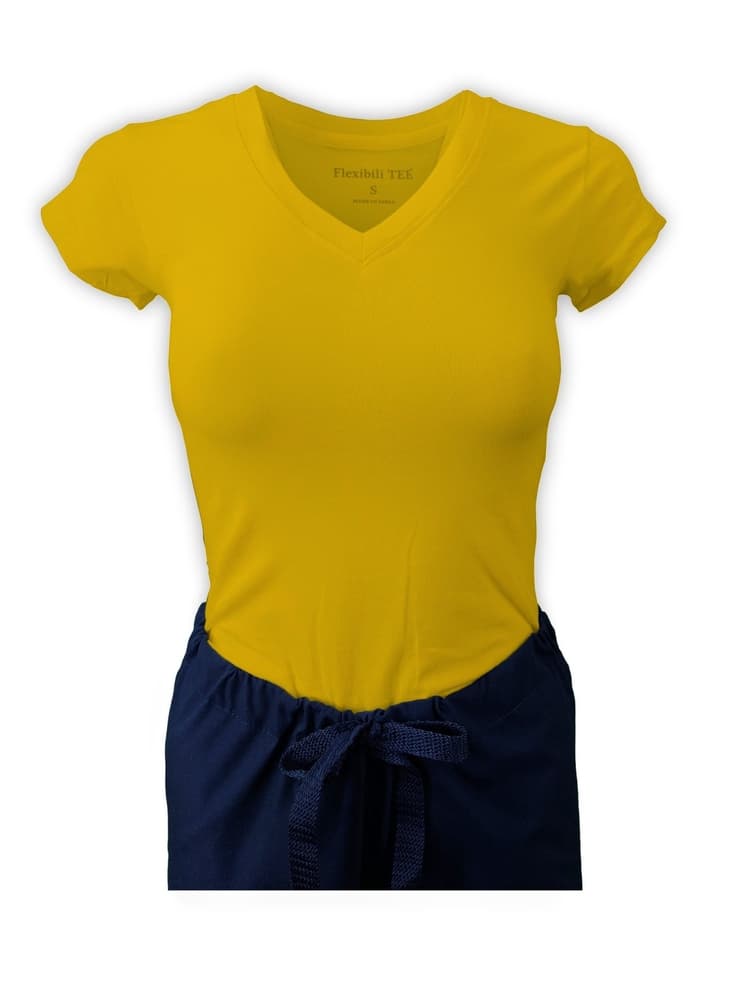 An image of the Flexibilitee Women's V-Neck Short Sleeve Tee in Yellow size Medium featuring a tag-less neckline to ensure a comfortable fit all day long.