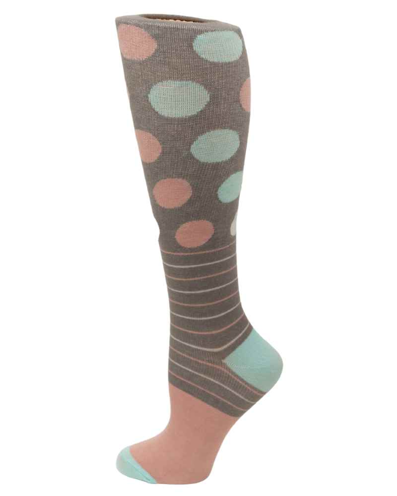An image of the Pro-Motion Women's Compression Socks in the Charcoal Polka Dots Print featuring 8-15 mmHg of compression.