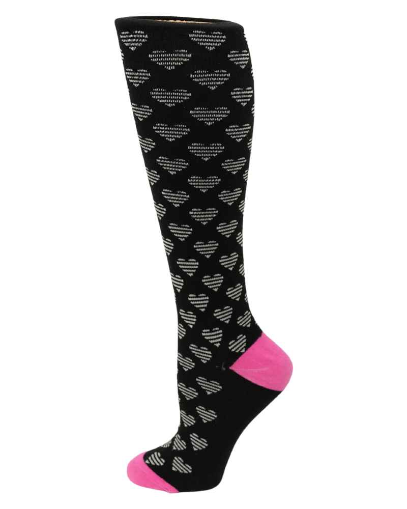 An image of the Pro-Motion Women's Compression Socks in the Black & White Hearts Print featuring 8-15 mmHg of compression.