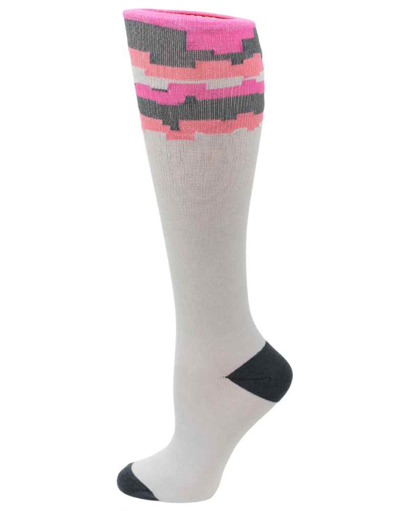 An image of the Pro-Motion Women's Compression Socks in the Black & Pink Puzzle Stripes Print featuring 8-15 mmHg of compression.
