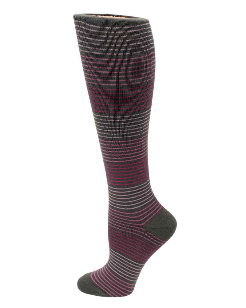 An image of the Pro-Motion Women's Compression Socks in the Black & Pink Stripes Print featuring 8-15 mmHg of compression.