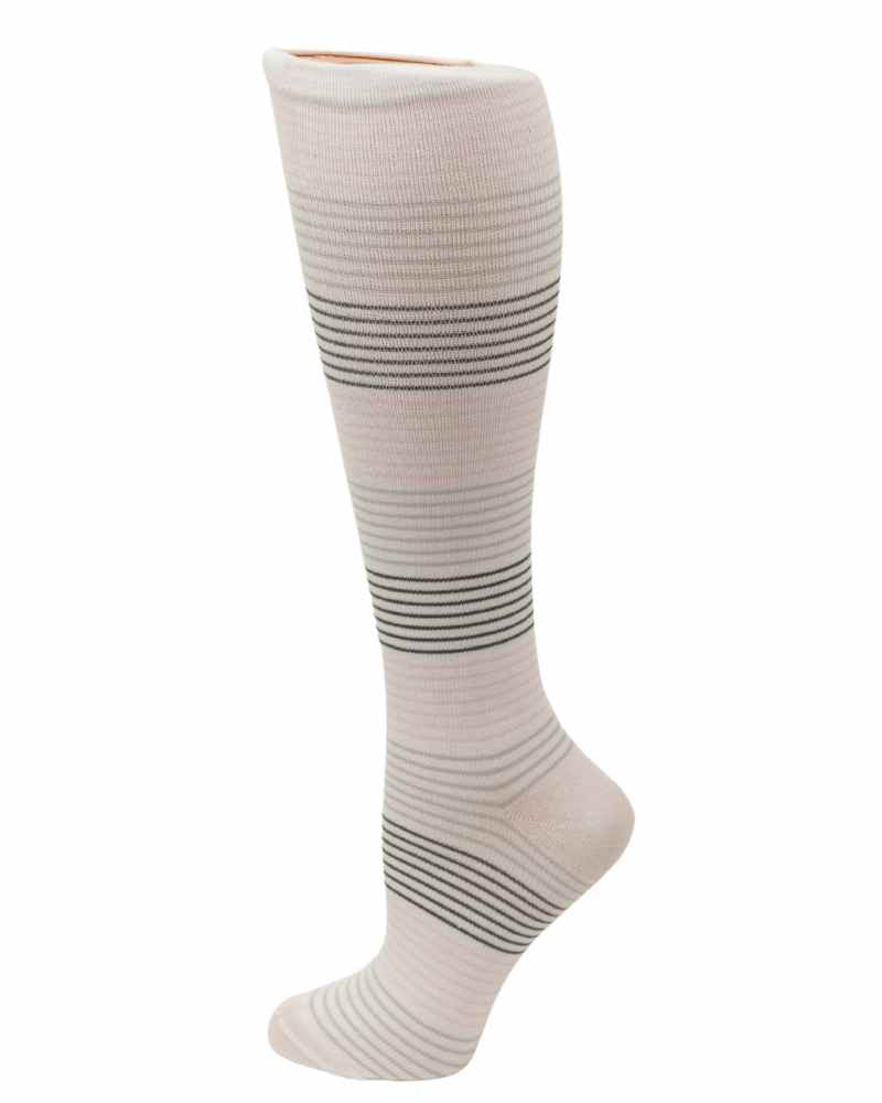 An image of the Pro-Motion Women's Compression Socks in the Grey, Pink, & White Stripes Print featuring 8-15 mmHg of compression.