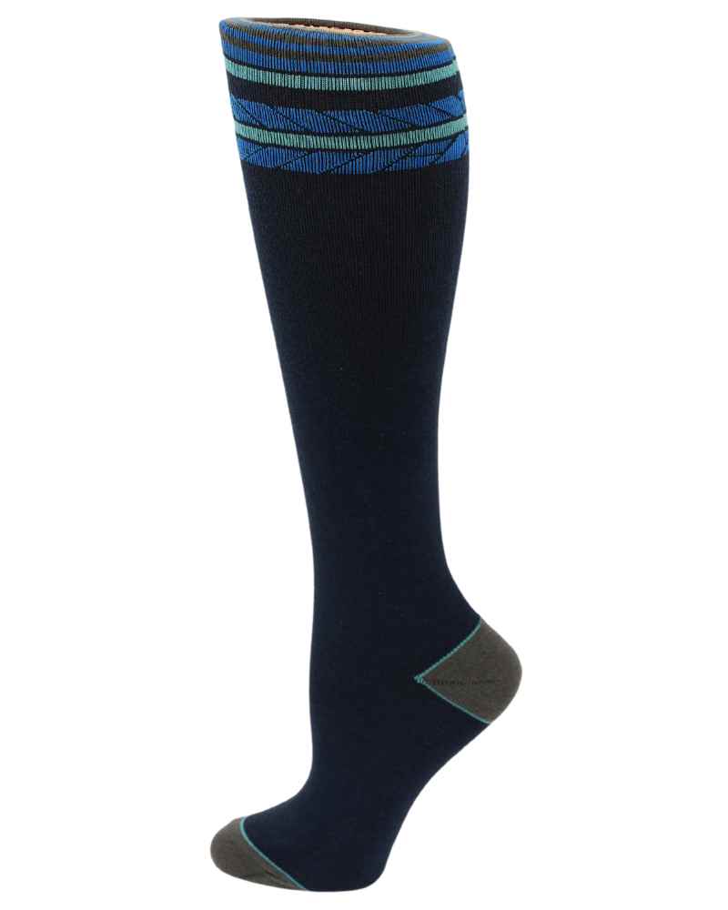 An image of the Pro-Motion Women's Compression Socks in the Blue Stripes Print featuring 8-15 mmHg of compression.