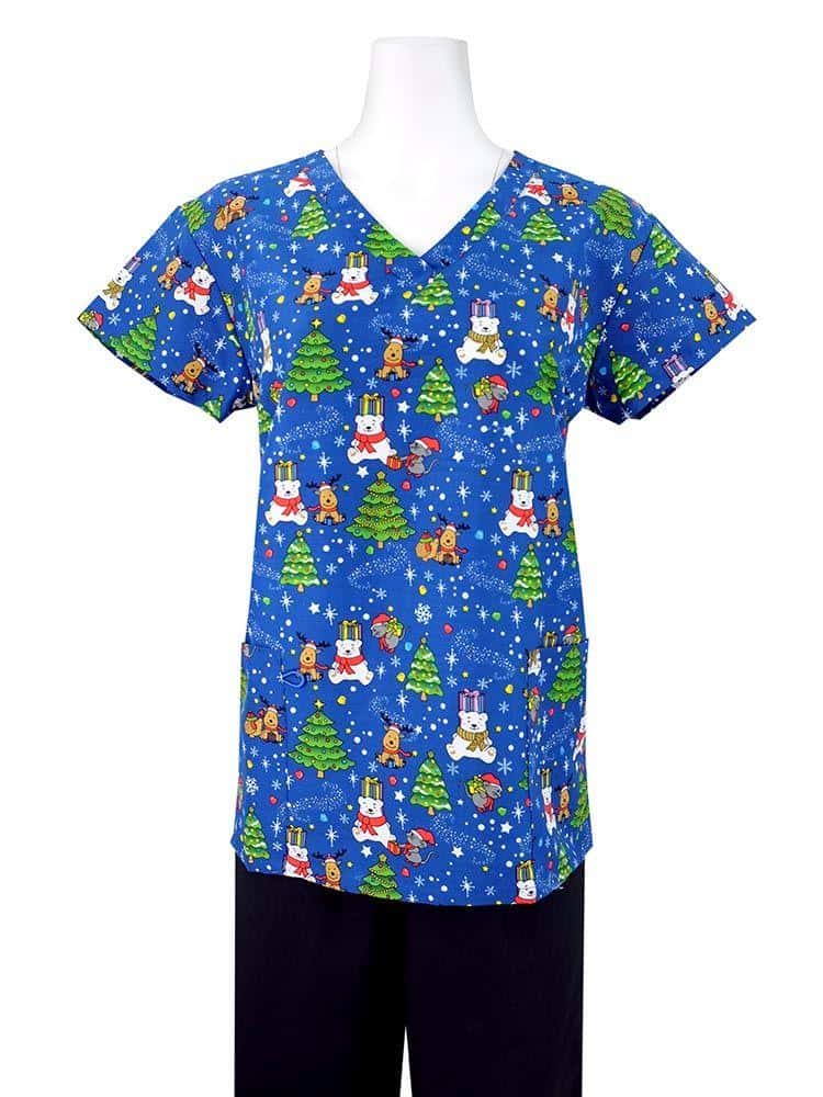 A mannequin wearing a Luv Scrubs Women's Holiday Printed Scrub Top in "Polar Bear Christmas" featuring 2 front patch pockets.