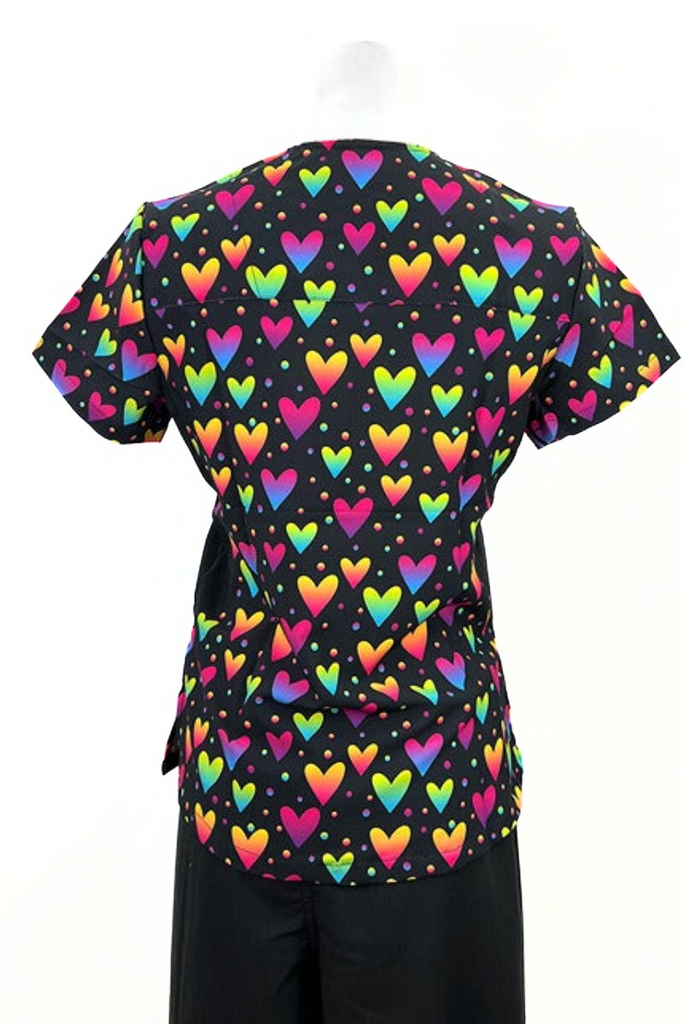 An image of the back of the Revel Women's mock wrap Scrub Top in size Large featuring side stretch panelels & side slits to provide unmatched comfort & additional mobility throughout the day.