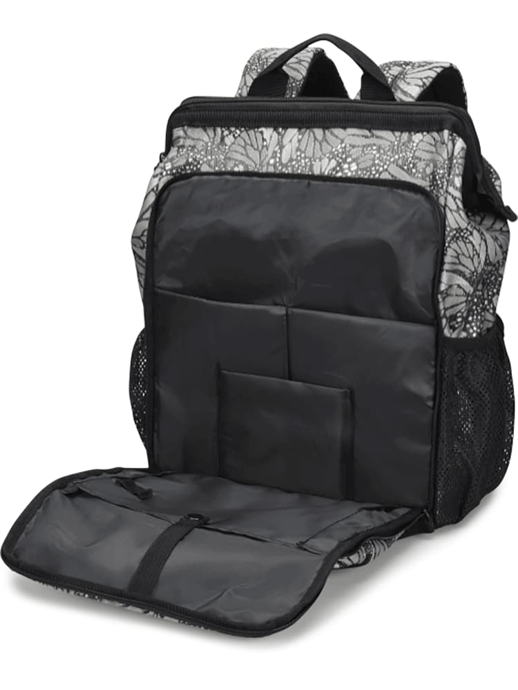 An image of the NurseMates Ultimate Backpack in "Jacquard Butterfly" featuring an insulated front zipper pocket.