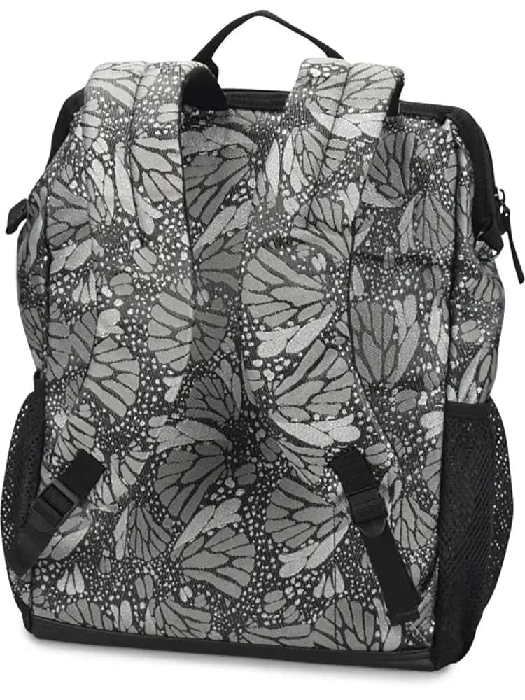 An image of the back of the NurseMates Ultimate Backpack in Jacquard Butterfly featuring padded backing.
