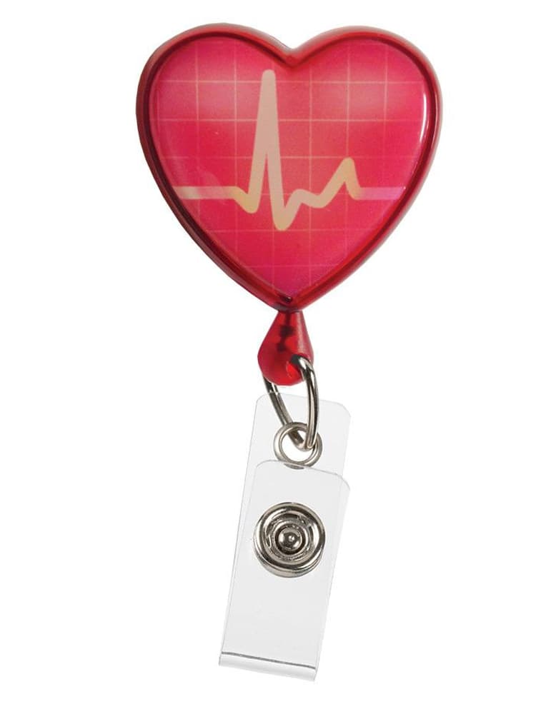 The Prestige Medical Retractable ID Holder in red heart with an EKG tracing on a solid white background.