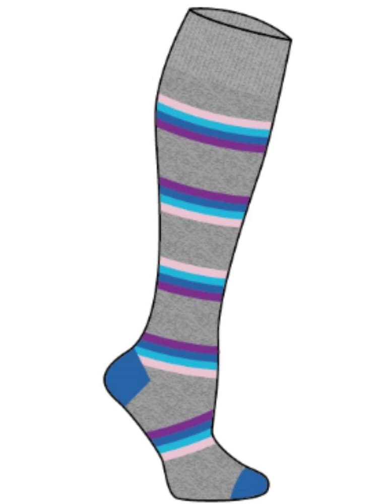 The Pro-Motion Women's Compression sock in Heather Stripes on a solid white background featuring 8-15mmHg.