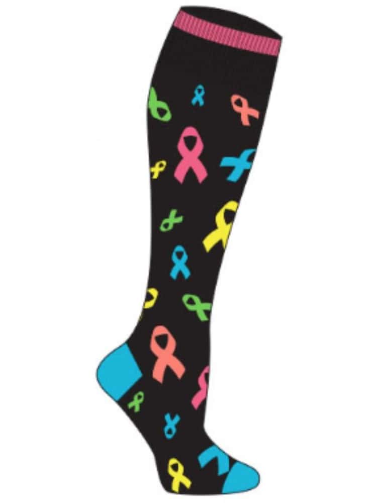 Pro-Motion Women's Compression Socks in black with multi color awareness ribbons that helps reduce swelling
