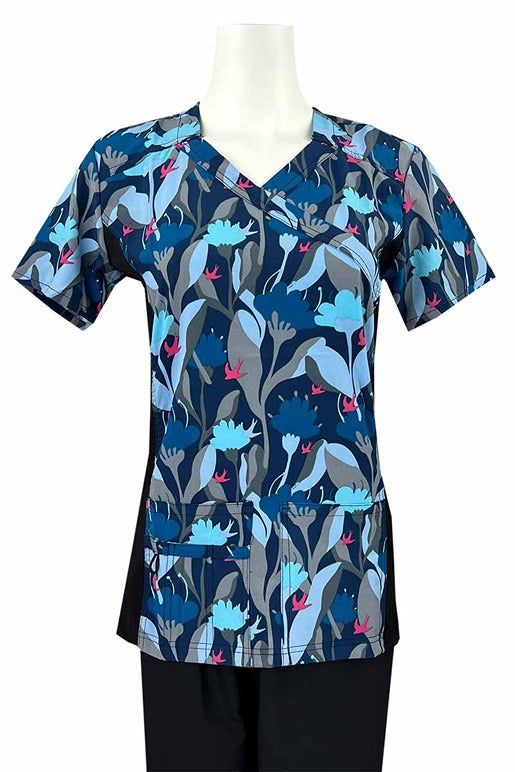 A Women's Mock Wrap Side Panels Scrub Top from Essentials in "Midnight Poppies" featuring side stretch panels & an easy care, quick drying fabric that prevents sagging.