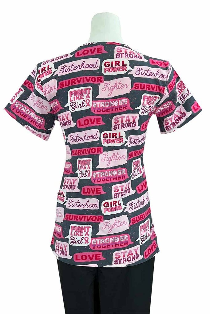 A Women's Breast Cancer Awareness Print Top from Essentials in "Breast Cancer Conversation Black" featuring an easy care, quick drying fabric that prevents sagging.