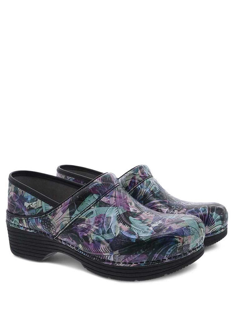 Side view of a pair of Dansko LT Pro Nurse Shoes in Watercolor Tooled Patent featuring a padded instep collar.