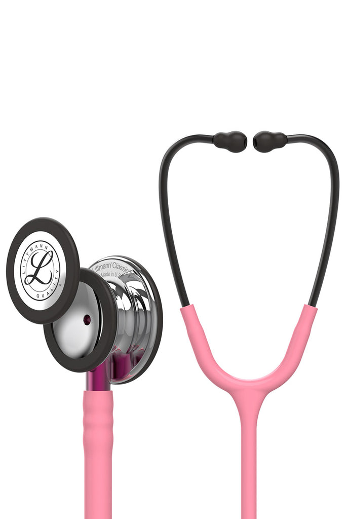 An image of the 3M Littmann Classic III 27" Stethoscope in Pearl Pink Mirror featuring a tunable, dual-sided stainless steel chest-piece with open or closed bell.