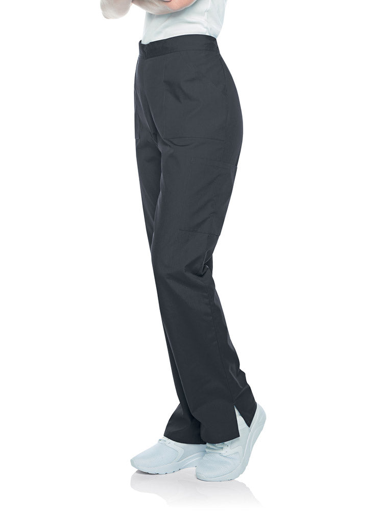 Young female healthcare professional wearing a pair of Landau Scrub Zone Women's Straight Leg Cargo Pants in graphite featuring a total of 5 pockets.