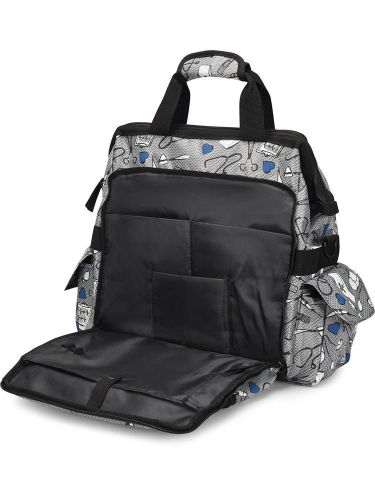 A picture of the Ultimate Medical Bag from NurseMates in "Medical Print" featuring a padded laptop compartment.