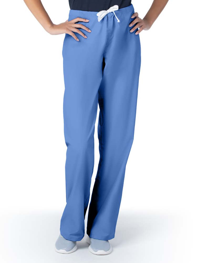 Female healthcare worker wearing a pair of Urbane Essentials Women's Straight-Leg Pants in "Ceil Blue" featuring a unique durable fabric that is IL approved.